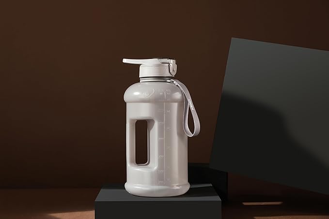 H2O Capsule INSPO Half Gallon Water Bottle with Time Marker and Straw Motivational Hydration Tracker Jug Big BPA-Free Food-Safe Leakproof Drinking Bottle Handle & Strap, Ash Gray