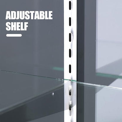 48" W x 22" D x 42" H - Retail Sales Counter with Adjustable Glass Shelves, Tempered Glass, Black Laminated Particle Board, Locking Drawers