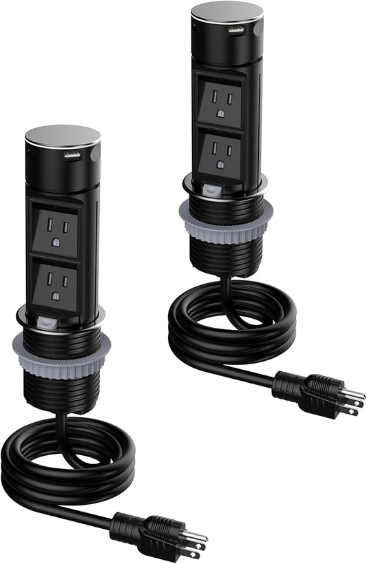 Link2Home 2 Pack Space Saver Pop Up Outlet, 2 Power Outlets, 2 USB Ports A/C 2.4 Amp, Splash Resistant, Overload Protection, Stainless