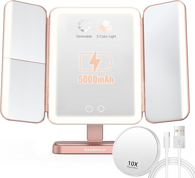 EASEHOLD Rechargable Makeup Mirror Vanity Mirror with Lights, 5000Mah & USB Cable, 112 LEDs Lighted Trifold Mirror with 1X 2X 3X 10X Magnification, Smart Touch, Portable Cosmetic Beauty Mirror