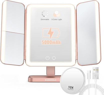 EASEHOLD Rechargable Makeup Mirror Vanity Mirror with Lights, 5000Mah & USB Cable, 112 LEDs Lighted Trifold Mirror with 1X 2X 3X 10X Magnification, Smart Touch, Portable Cosmetic Beauty Mirror
