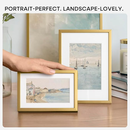 Homeforia 9x11 Gold Frame, High End Metal 9 x 11 Picture Frames with Mat 6 by 8 inch Photo, 9by11 Thin Poster Frame Matted to 6x8 Print, 11x9 Wall or Tabletop Frame, Tempered Glass, Wall Kit, Set of 1