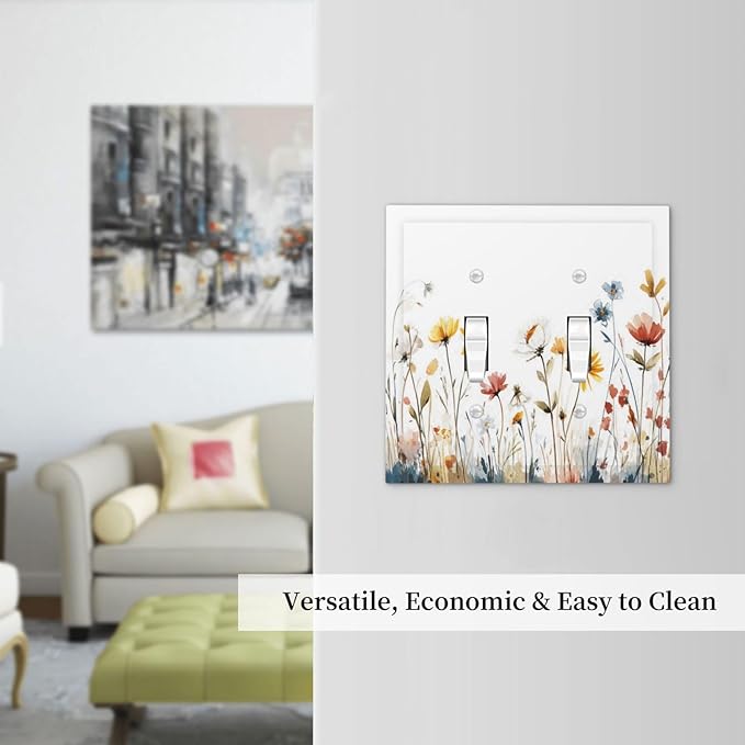 Watercolor Wildflower Colorful Floral Plant Decorative Switch Plates 2 Gang Double Toggle Outlet Light Switch Cover Wall Plate Electrical Faceplate for Bed Room Living Room Decor