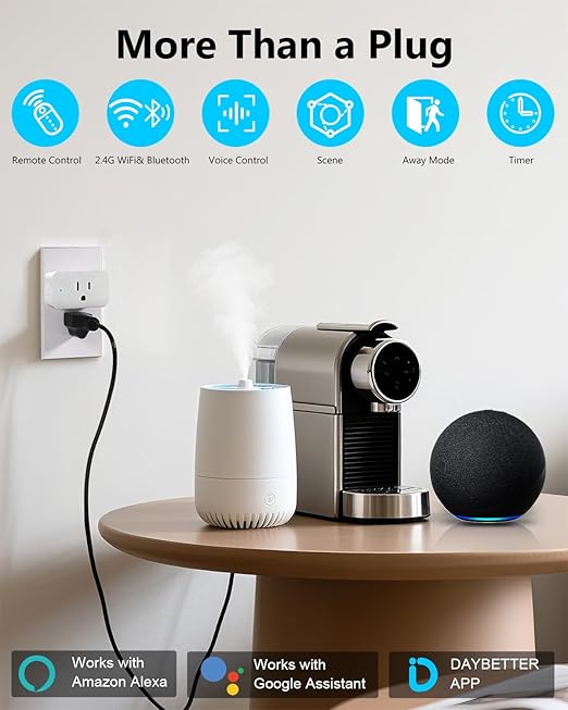 DAYBETTER Smart Plug 15A/1800W, Smart Plugs Compatible with Alexa and Google Home, 2.4GHz WiFi Bluetooth Alexa Smart Plugs, Smart Outlet with APP Control, Timer & Schedule, 4Pack