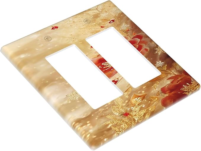 Decorative Outlet Covers Golden Leaf Red Peony Flowers Floral 2 Gang Wall Plate Double Rocker Two Switch Wall Cover Plate Jumbo Dual GFCI Faceplate for Bedroom Decor