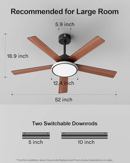 Lumary 52'' Smart Ceiling Fan with RGBAI Lights Remote, WiFi Bluetooth Low Profile Ceiling Fan with Alexa Google App, Dimmable & Color Tuning, 46 Scene, Modern Flush Mount for Bedroom Living Room