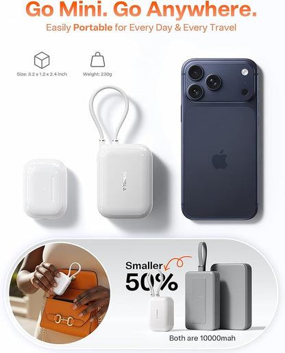TORRAS 45W Portable Charger, Smallest 10000mAh Power Bank with Built in USB-C Cable, Fast Charging USB C in&Out Battery Pack, Travel Phone Charger for iPhone Air/17/16/15 Series, Samsung, iPad etc