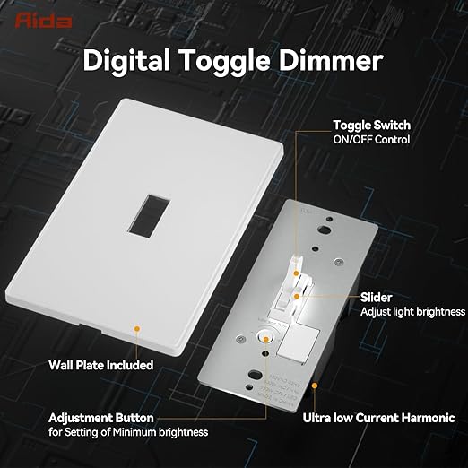 AIDA Digital Toggle Dimmer Switch for Dimmable LED, CFL & Incandescent Bulbs, Single Pole/3-Way, Screwless Wall Plate Included, UL Listed, No Neutral Wire Needed, Matte White (1 Pack)