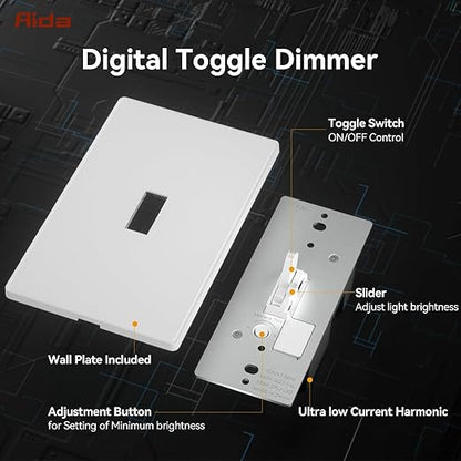 AIDA Digital Toggle Dimmer Switch for Dimmable LED, CFL & Incandescent Bulbs, Single Pole/3-Way, Screwless Wall Plate Included, UL Listed, No Neutral Wire Needed, Matte White (1 Pack)