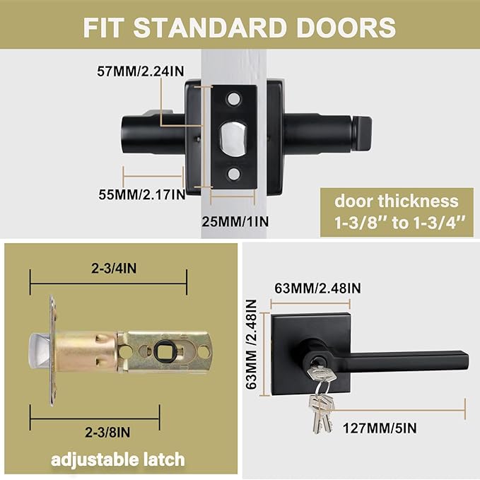 Keyed Entry Door Lever with Lock, Heavy Duty Square Interior Handle for Front Door and Office, Matte Black, Reversible for Right&Left Handed, 9Packs
