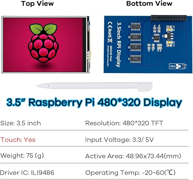 3.5 Inch 480x320 Touch Screen TFT LCD SPI Display Panel for Raspberry Pi B, B+, 2B, 3B, 3B+,4B, 5