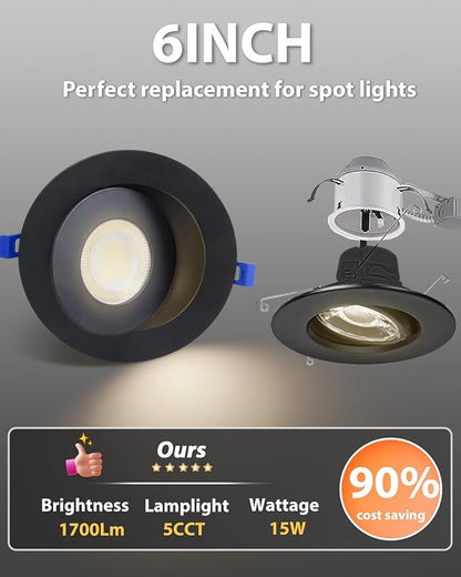 Adetu Led Recessed Lighting 6 inch, 360°+90° Adjustable Directional Gimbal 6 inch Led Recessed Light, 2700K-5000K 5CCT Dimmable Retrofit Eyeball Can Recessed Lights with Jbox, ET (Black,6 Pack)