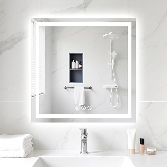 30x30 LED Bathroom Mirror with Lights, Anti-Fog, Backlit + Front Lit (CRI>90), Lighted Bathroom Vanity Mirror for Wall, Memory Function, Dimmable, Tempered Glass, Shatter-Proof