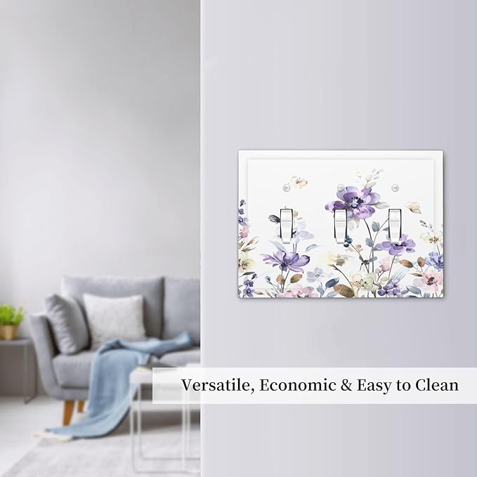 Decorative Switch Plates Purple Floral Lilac Watercolor Flower Leaves Butterfly Wildflower 3 Gang Wall Plate Faceplate Triple Toggle Light Switch Cover Electrical Wall Panels for Bedroom Home Decor