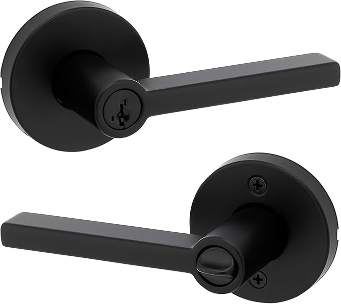 Kwikset Halifax Entry Door Handle with Lock and Key, Secure Round Keyed Reversible Lever Exterior, for Front Entrance and Bedrooms, Matte Black, Pick Resistant Smartkey Rekey Security and Microban
