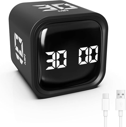 Digital Cube Productivity Timer - Rotating Pomodoro Timer with Gravireceptor 5-10-30-60 Min Custom Countdown, Vibration & Adjustable Volume for Learning Office Kitchen Desk, Black