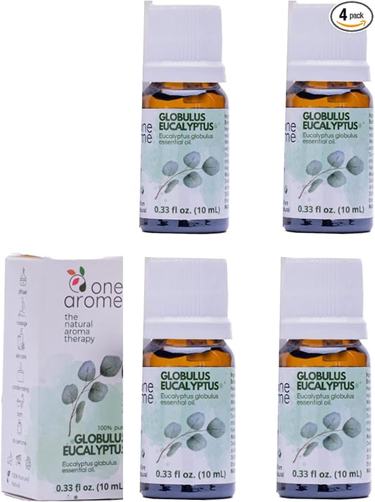 Eucalyptus Globulus Essential Oil by One Arome – Pure, Undiluted & Steam-Distilled Herbal Aroma for Diffusers for Home, Massage (Dilute), Cleaning & Linen Refresh (Pack of 4 × 0.34 fl oz)