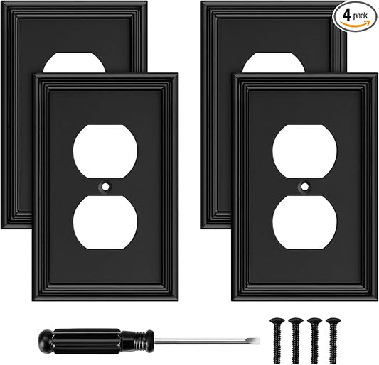Black Modern Decorative Outlet Covers Wall Plate Electrical Switch Plates and Receptacle Outlet Covers Bamboo Fiber Material Wall Plates for Kitchen Bathroom (1 Gang Duplex Outlet-4 Pack)
