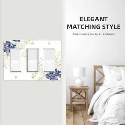 Decorative Outlet Covers Rustic Blue Flower Flaral Gold Leaf 3 Gang Light Switch Cover Plate Triple Rocker Wall Plates for Electrical Outlets Switch Plate Covers for Bedroom Home Decor