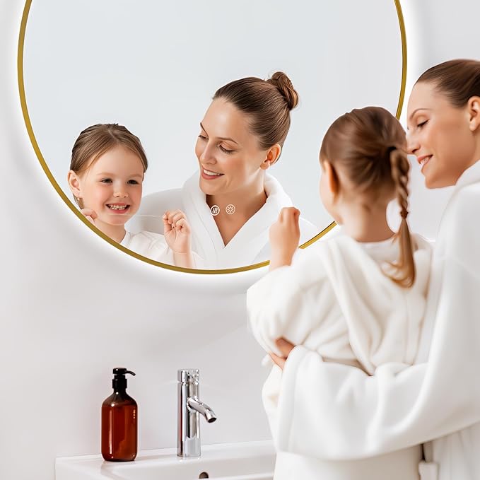 Niccy Round Led Mirror for Bathroom, 40" Backlit Mirrors for Wall Circle Lighted Mirror with Old Gold Frame Anti-Fog, 3 Colors, HD Glass and IP65 Waterproof