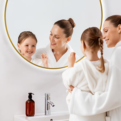 Niccy Round Led Mirror for Bathroom, 40" Backlit Mirrors for Wall Circle Lighted Mirror with Old Gold Frame Anti-Fog, 3 Colors, HD Glass and IP65 Waterproof