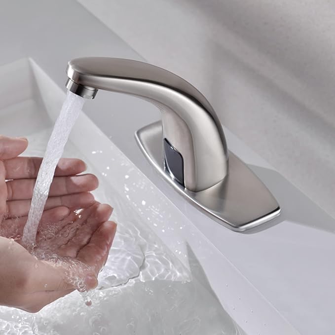 Touchless Bathroom Sink Faucet，Automatic Motion Sensor Faucets with 1 Hole Plate for Water Bath Commercial Lavatory Farmhouse, Brushed