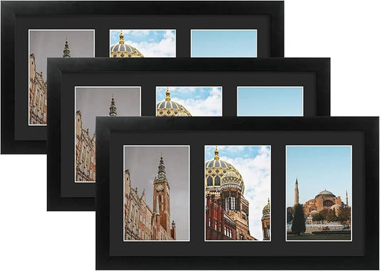 Golden State Art, Set of 3, 9x18 Black Wood Frame - Black Mat for Three 5x7 Pictures - Sawtooth Hangers- Swivel Tabs - Wall Mounting - Landscape/Portrait - Real Glass - Collage Frame