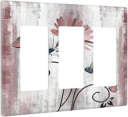 Light Switch Covers Pink White Daisy Butterfly Wood Grain 3 Gang Rocker Electrical GFCI Decorative Triple Outlet Wall Plate Cover Switchplate for Farmhouse Bathroom Decor