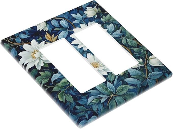 White Flowers Green Leaves Dual Outlet Covers Wall Plate 2 Gang Rocker Decora Decorative Switchplate Electrical Faceplate GFCI Light Switch Covers for Farmhouse Living Decor