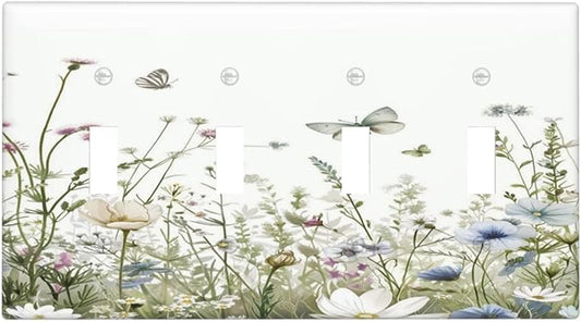 Colorful Wildflowers Daisy Plant Butterfly Floral Light Switch Covers Quad Toggle Electrical Faceplate 4 Gang Wall Plate Decorative Switch Plates for Bed Room Living Room Decor