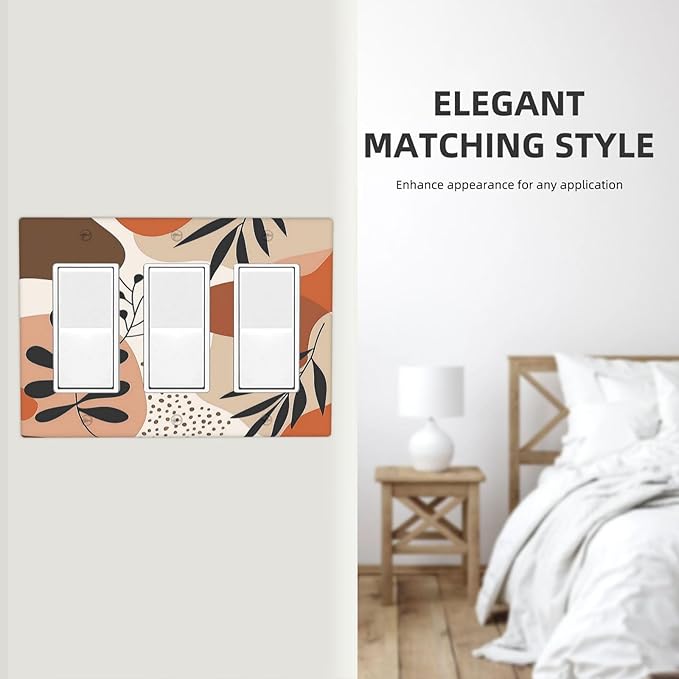 Light Switch Covers Boho Botanical Orange Green Beige Minimalist 3 Gang Rocker Electrical GFCI Decorative Triple Outlet Wall Plate Cover Switchplate for Bedroom living Room Decor