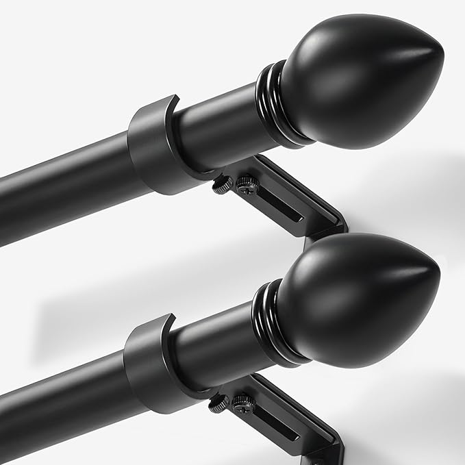 Curtain Rods for Windows 16 to 48 inches, Curtain Rod Max Adjustable Length to 60 in, Drapery Rod 1 inch Diameter with Modern Knobs Finials (Black, 16" to 48" - Set of 2)