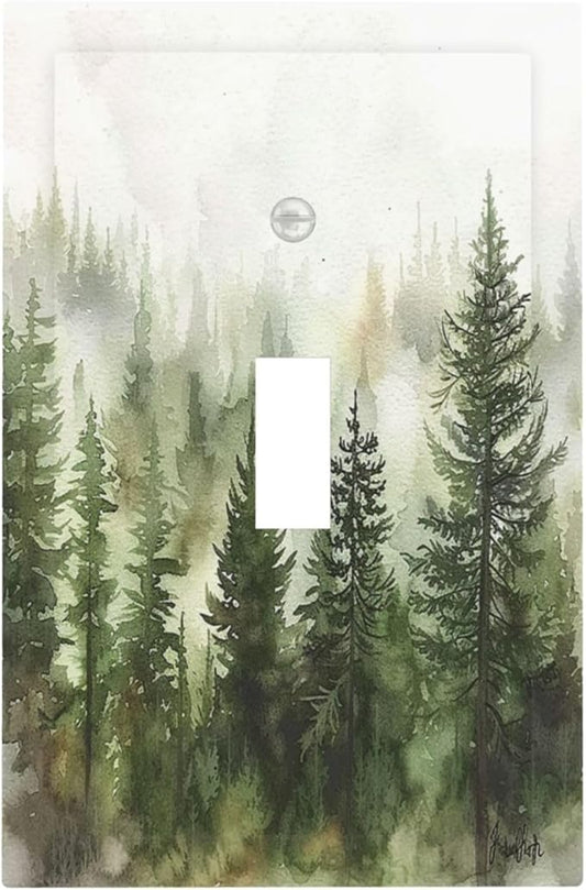 Decorative Light Switch Cover Green Forest Watercolor Painting Foggy Pine 1 Gang Single Toggle Device Electrical Faceplate Switchplates Decorator Outlet Wall Plate for Bedroom living Room