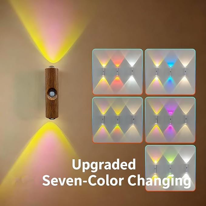 Rechargeable Smart LED Motion Sensor Ambient Light, Punch-Free Color Changing Motion Sensor Light for Stairs, Wardrobe, Cabinet (1Pc,Wood, 7-Color Changing)
