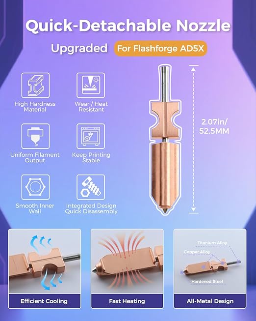 Upgraded 2Pack 0.4MM AD5X Quick-Detachable Nozzle for Flashforge AD5X Hotend Kit, Support 300°C High Temperature and 600mm/s Print Speed, with Silicone Socks/Nozzle Cleaning Kit