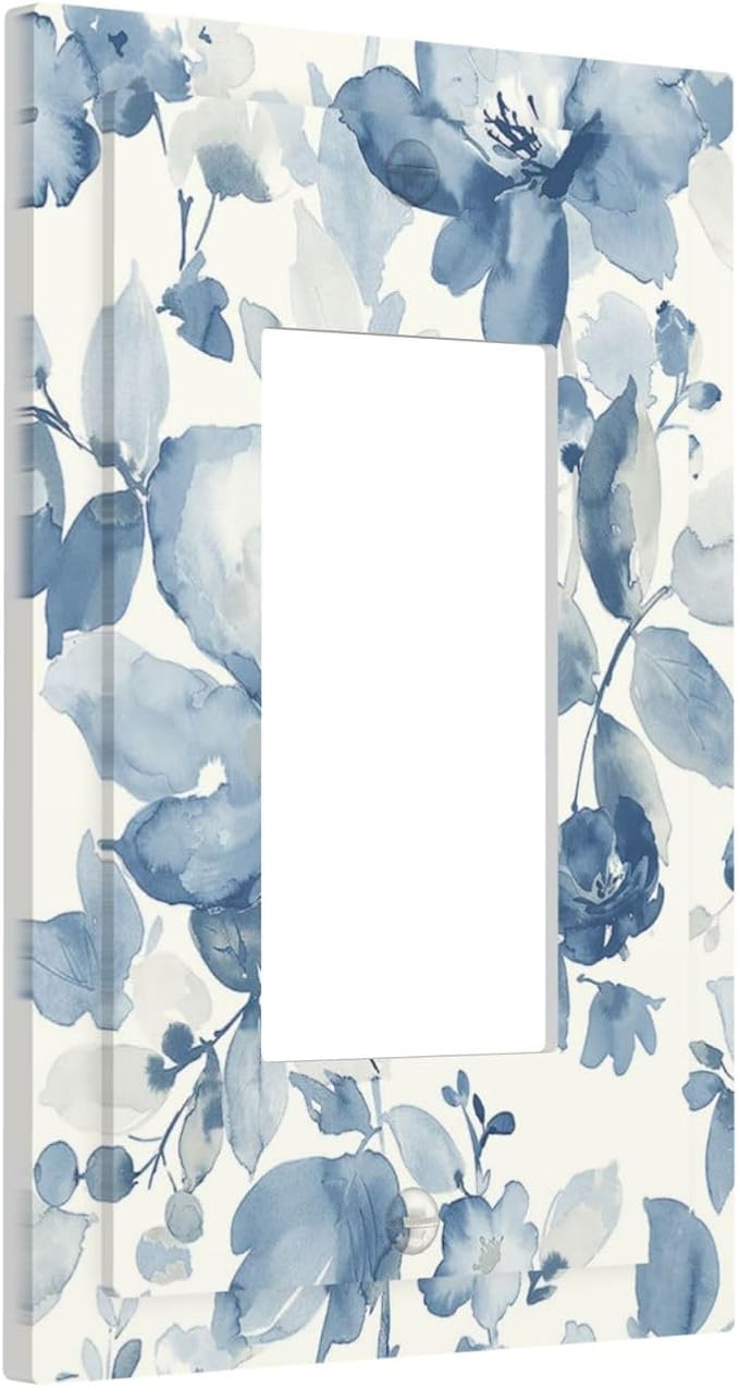 Decorative Outlet Covers Blue Watercolor Floral 1 Gang Single Rocker Light Switch Cover Plate Wall Plates GFCI Faceplate for Bedroom Bathroom Decor
