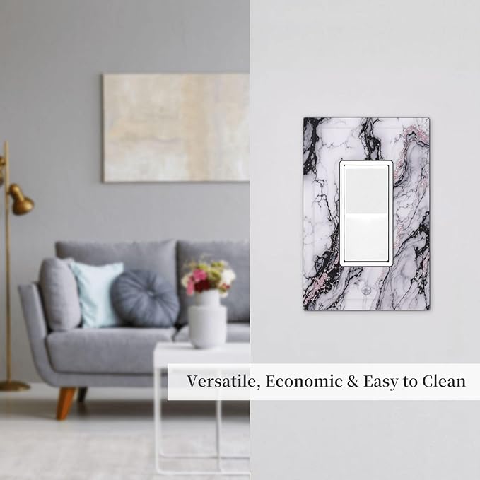 Decorative Outlet Covers White Marble Pattern Black Lines Pink Lines 1 Gang Single Rocker Light Switch Cover Plate Wall Plates GFCI Faceplate for living Room Office Decor