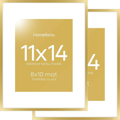 Homeforia 11x14 Picture Frame Gold, High End Metal 11x14 Poster Frames with Mat for 8x10, 11 x 14 Gold Frame Matted to 8 x 10 inch Photo, 11by14 Thin Hanging Frames, Tempered Glass, Wall Kit, Set of 2