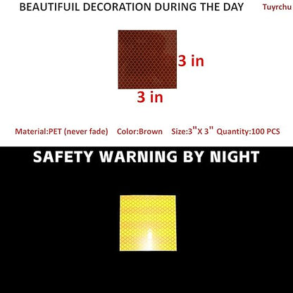 Non Fading Brown Reflective Stickers 3 inch X 3 inch, Outdoor Waterproof High Visibility Warning Safety Adhesive Reflector Tape (100 Pcs)