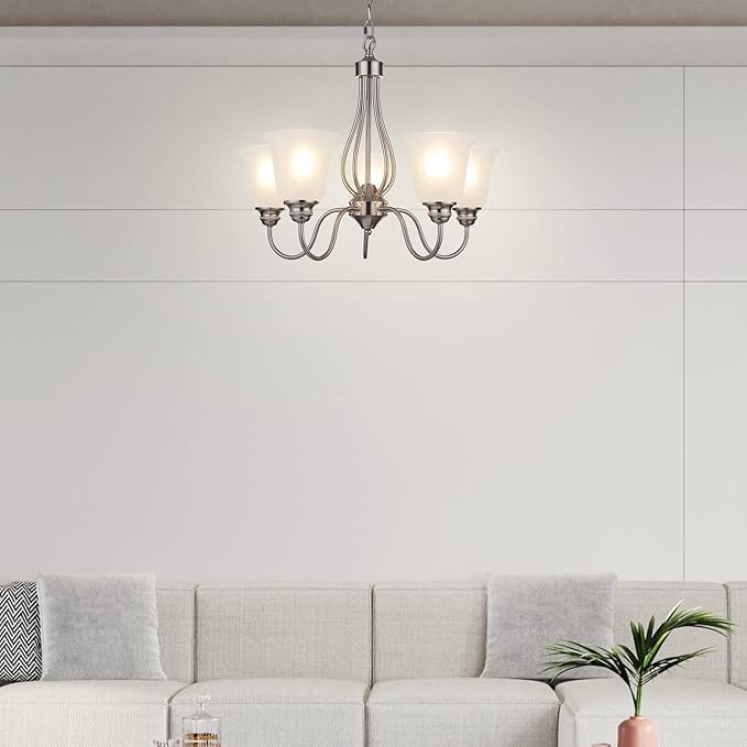 Doraimi Lighting 5 Light Chandelier with Brushed Nickel Finish, Classic Style Ceiling Light Fixture with Frosted Glass Shade for Meeting Room Dining Room Living Room Corridor, LED Bulb(not Include)