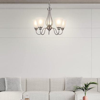 Doraimi Lighting 5 Light Chandelier with Brushed Nickel Finish, Classic Style Ceiling Light Fixture with Frosted Glass Shade for Meeting Room Dining Room Living Room Corridor, LED Bulb(not Include)