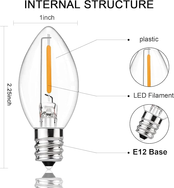 C7 LED Replacement Bulbs,25 Pack 0.6W C7 LED Christmas Lights Bulbs for String Lights,E12 Base,Warm White 2700K Waterproof Vintage Clear Bulbs for Night Light Candles Garden,Christmas