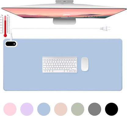 Konohan Heated Large Desk Mat PU Leather Warm Mouse Pad with 5 Heating Level & 4 Hour Auto Shut-Off Heating Keyboard Pad Warmer Gaming Mice Mat Only Supports 110v(Gray-Blue Color,31.5" X 13")