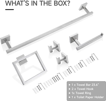 TQKAG 5-Piece Bathroom Hardware Set Brushed Nickel Classic Wall Mounted SUS304 Stainless Steel Bathroom Accessories Set 23.6" Towel Rack for Bathroom, Brushed Nickel
