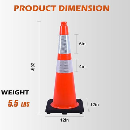 6 Pack 28 Inch Orange Traffic Cones with Reflective Bands, Heavy Duty Black Base Safety Cones for Road Work, Event Traffic and Outdoor Security (6, Orange, 28 Inch)