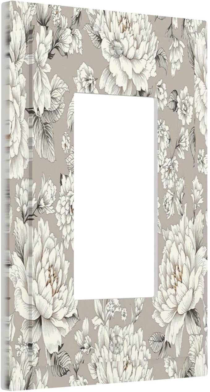 White Poppies Floral Modern Grey Peonies Flowers Decorative Outlet Covers 1 Gang Single Rocker Light Switch Cover Plate Wall Plates GFCI Faceplate for Bedroom Bathroom Decor