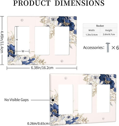 Decorative Outlet Covers Rustic Blue Beige Flower Peony Floral 3 Gang Light Switch Cover Plate Triple Rocker Wall Plates for Electrical Outlets Switch Plate Covers for Bedroom Home Decor