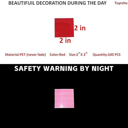 Non Fading Red Reflective Stickers 2 inch X 2 inch, Outdoor Waterproof High Visibility Warning Safety Adhesive Reflector Tape (100 Pcs)