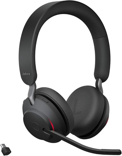 Jabra Evolve2 65 UC Wireless Headphones with Link380c, Stereo, Black – Wireless Bluetooth Headset for Calls and Music, 37 Hours of Battery Life, Passive Noise Cancelling Headphones