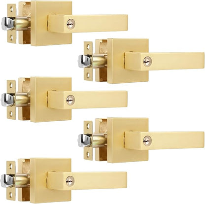 5 Pack Heavy Stain Brass Gold Door Handles, Locked Inside with Button Exterior/Interior Gold Door Knob with Lock Entry Door Lever with Keyed Alike Keys